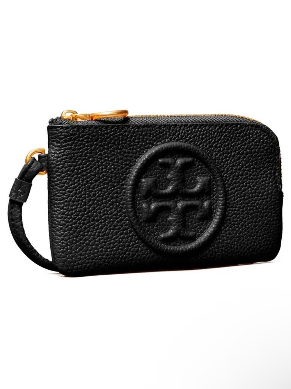 Tory Burch Perry Bombe Top-Zip Card Case in black pebbled leather used